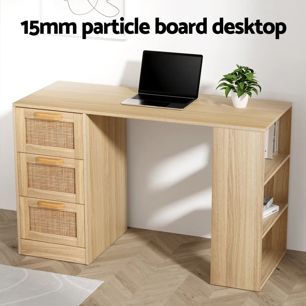 120cm Computer Desk Drawer Shelf Home Office Study Table Rattan - Oak