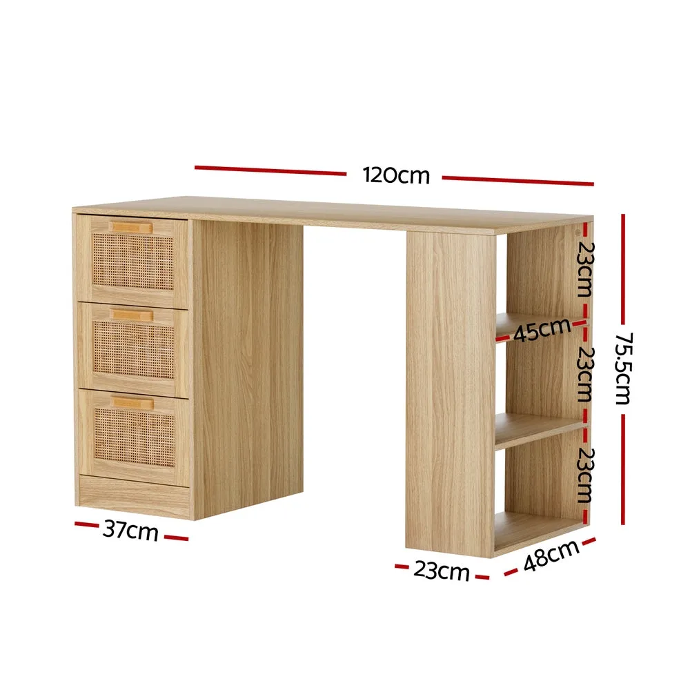 120cm Computer Desk Drawer Shelf Home Office Study Table Rattan - Oak