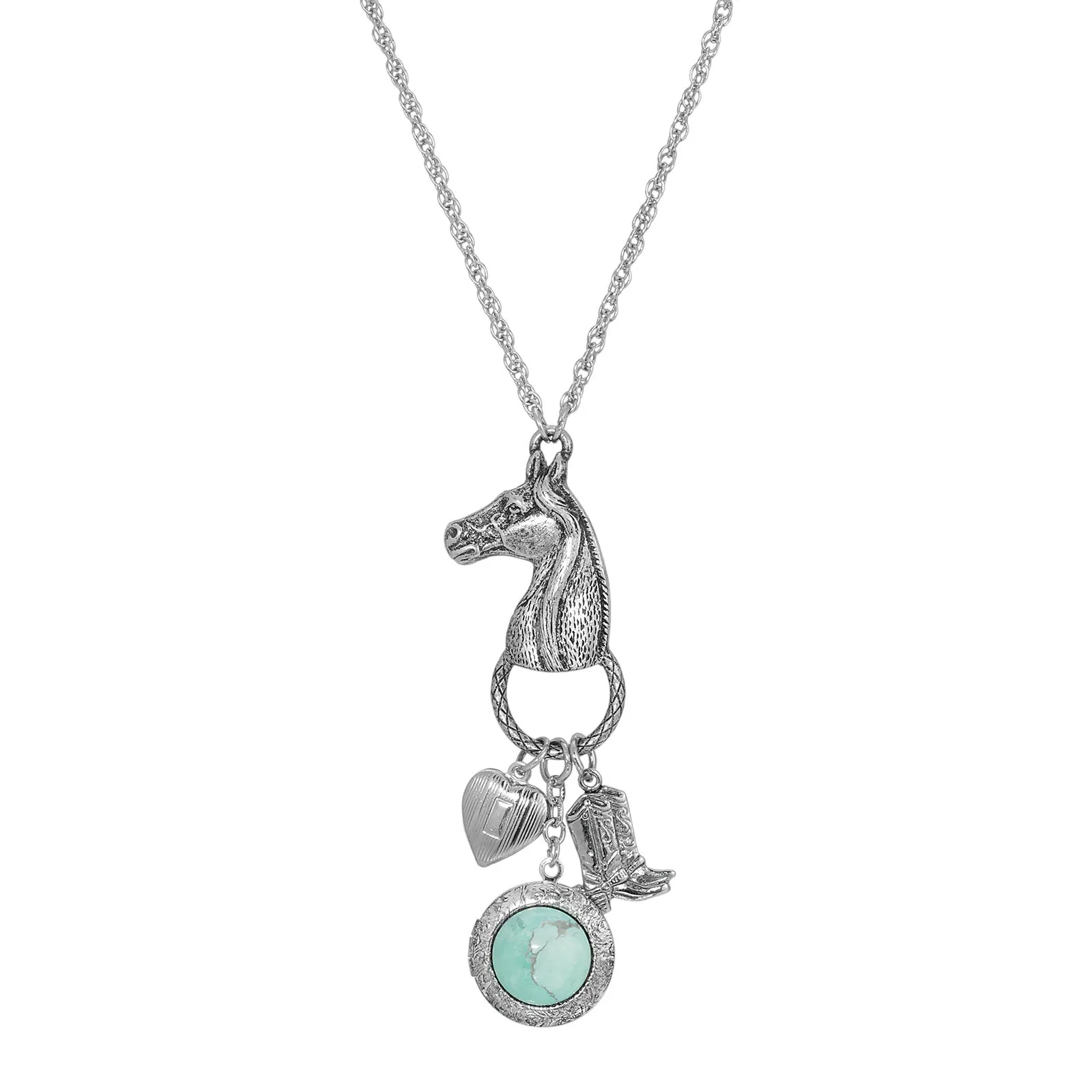 1928 Jewelry&reg; Silver Tone Turquoise Horse Head With  Heart And  Boot Charm Necklace  28 Inch