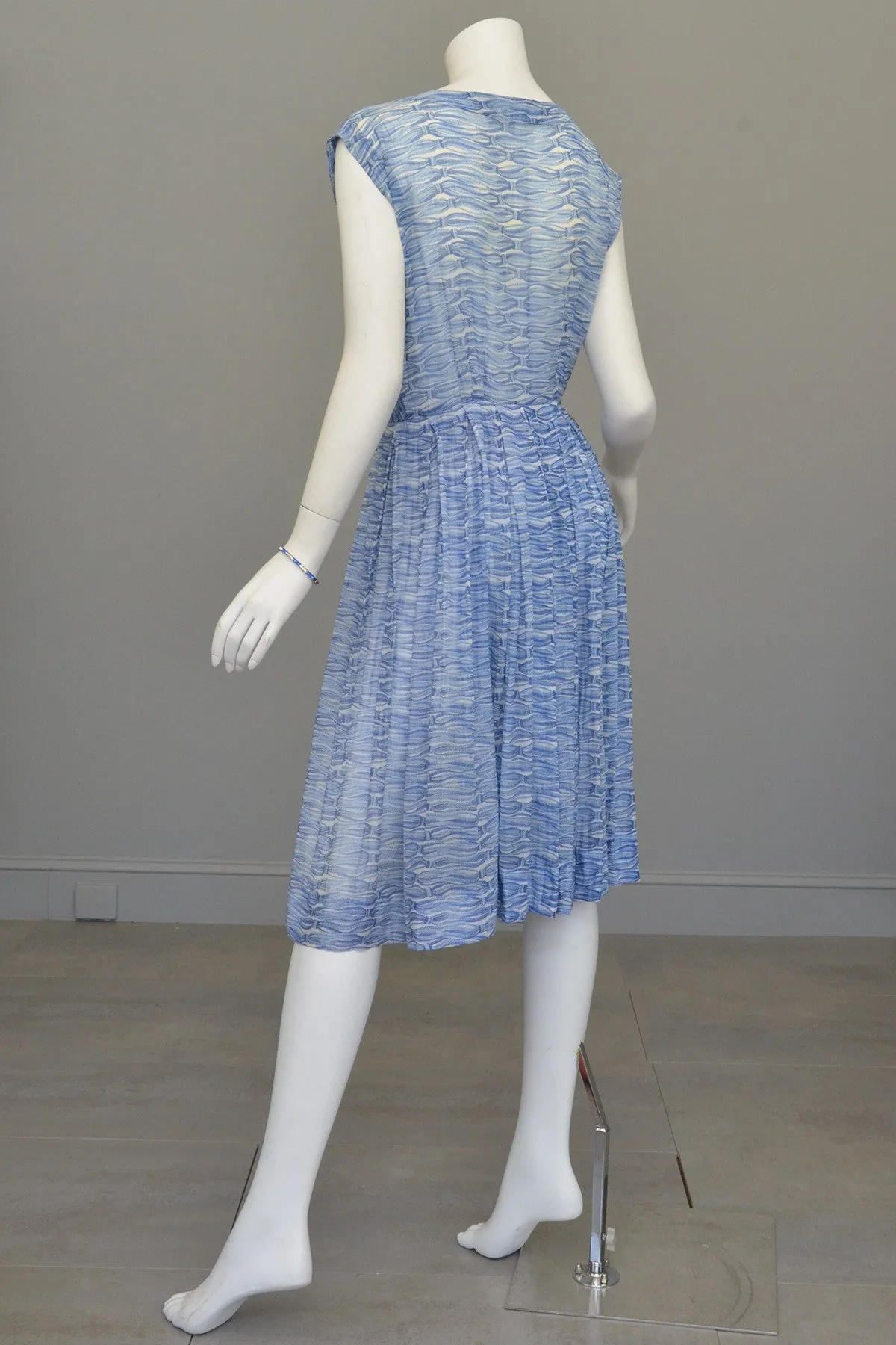 1950s Oceanic Blue Smocked Sundress with Crystal Buttons