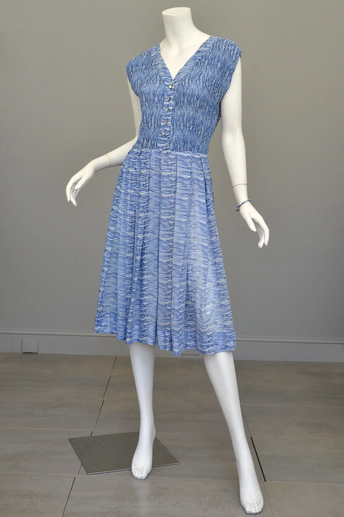 1950s Oceanic Blue Smocked Sundress with Crystal Buttons