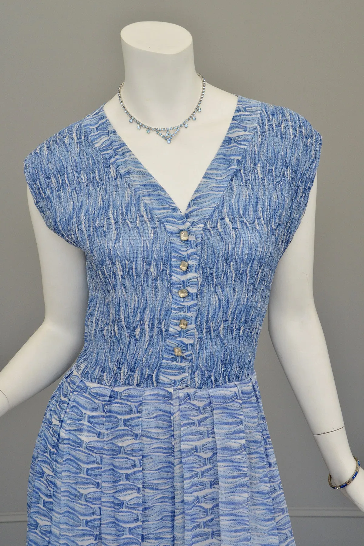 1950s Oceanic Blue Smocked Sundress with Crystal Buttons