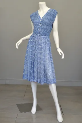 1950s Oceanic Blue Smocked Sundress with Crystal Buttons