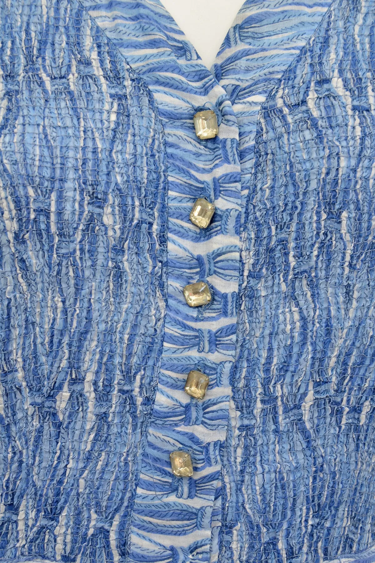 1950s Oceanic Blue Smocked Sundress with Crystal Buttons