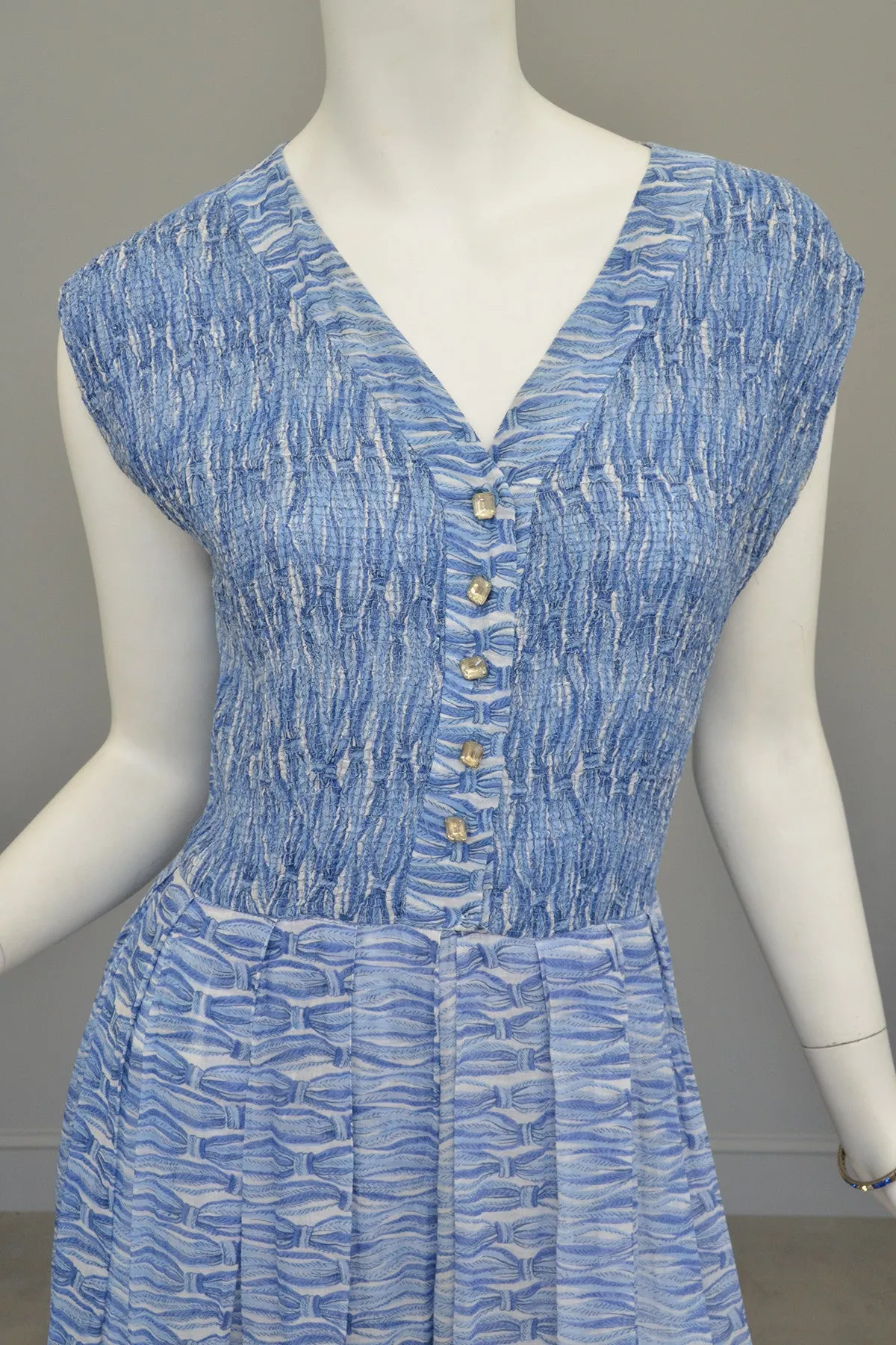 1950s Oceanic Blue Smocked Sundress with Crystal Buttons