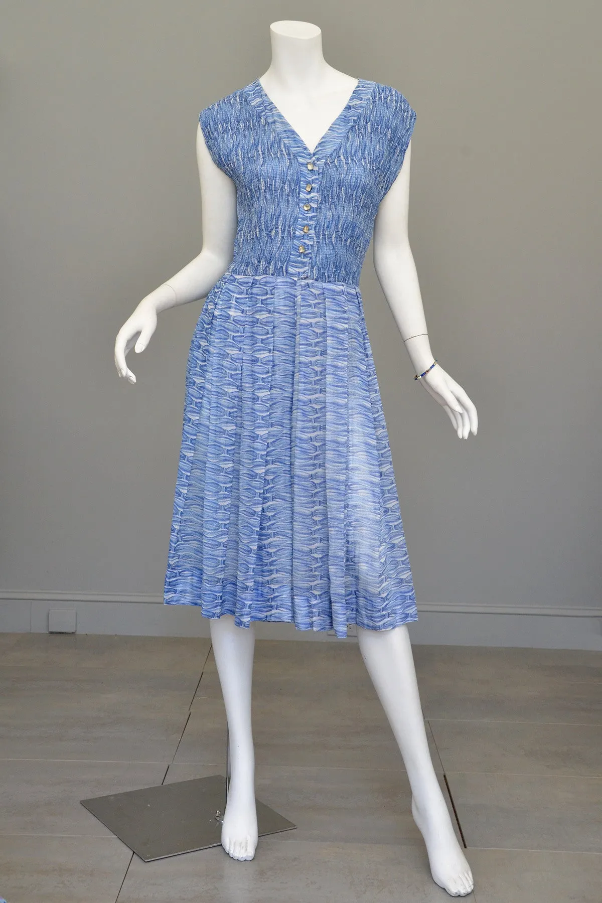 1950s Oceanic Blue Smocked Sundress with Crystal Buttons