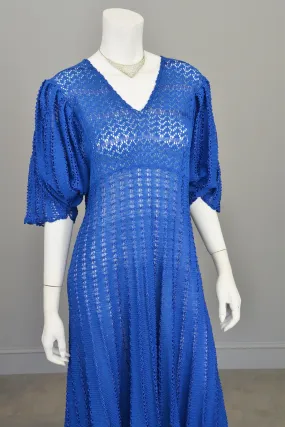 1970s Vibrant Blue Knit Crochet Dress Draping Angel Sleeves