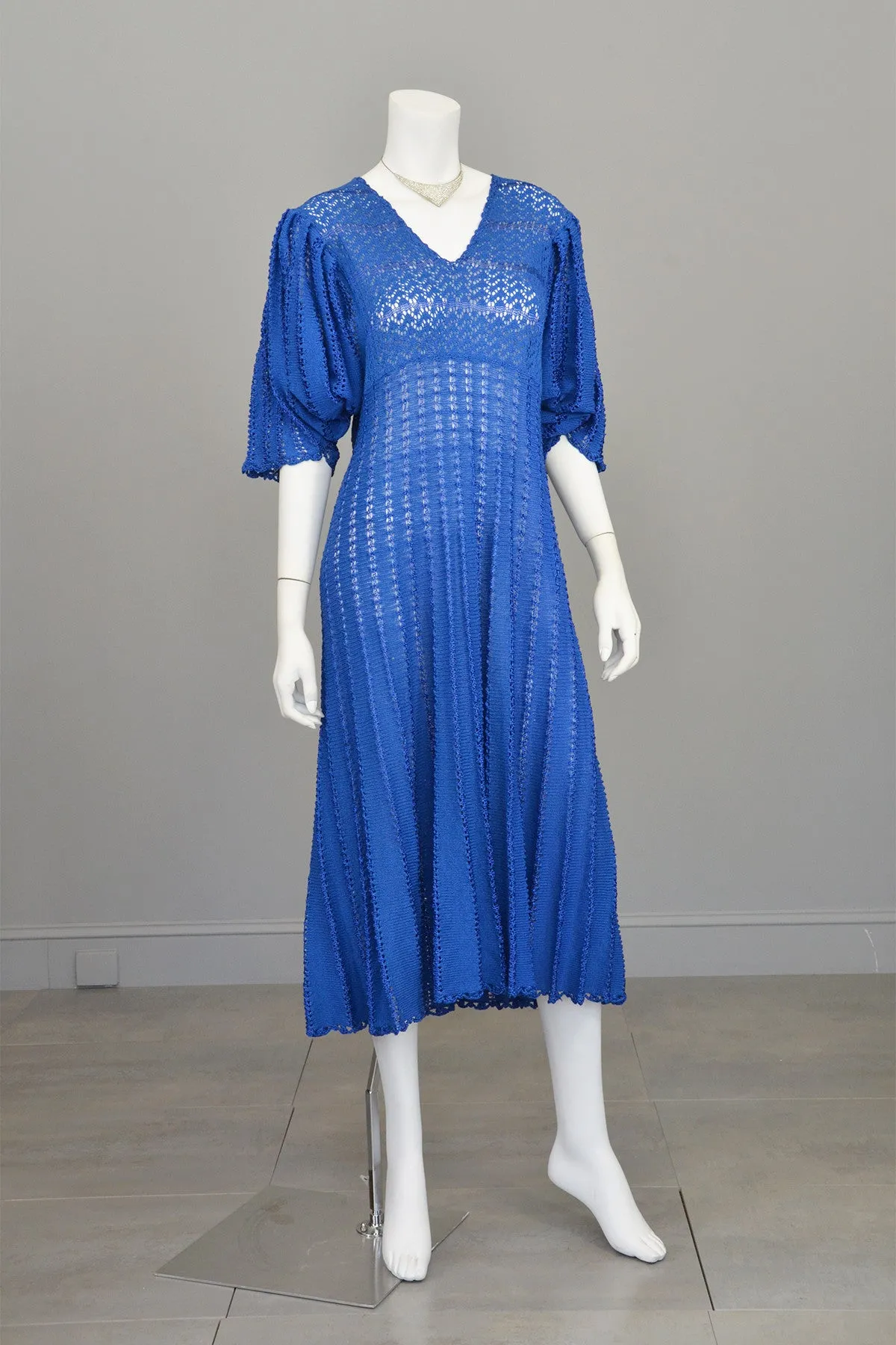 1970s Vibrant Blue Knit Crochet Dress Draping Angel Sleeves