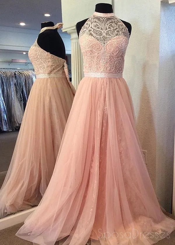 2018 Blush Pink Halter Lace Beaded Long Custom Evening Prom Dresses, 17412