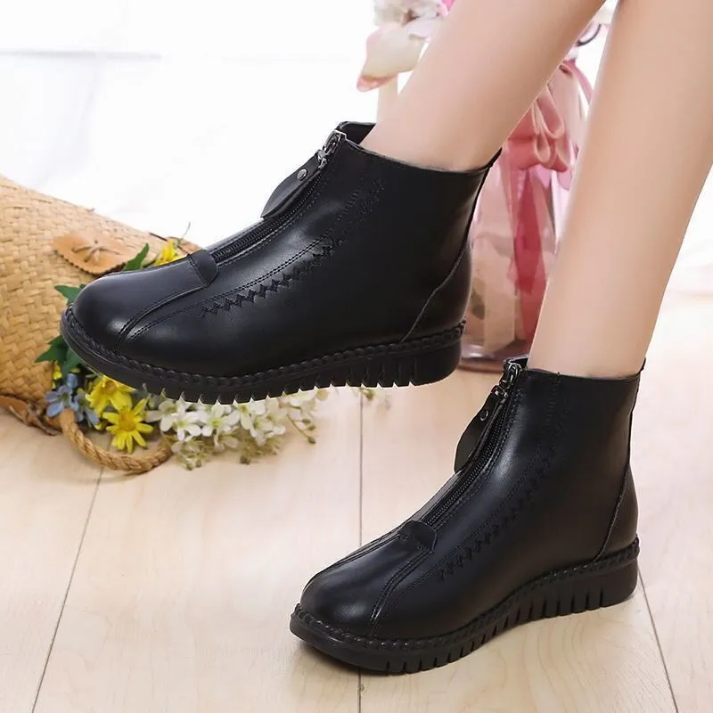 2021 Winter Women&#39;s Boots Fashion Warm Mother&#39;s Boots Flat-Bottom Comfortable Short Bare Boots Creative Front Zipper Closure