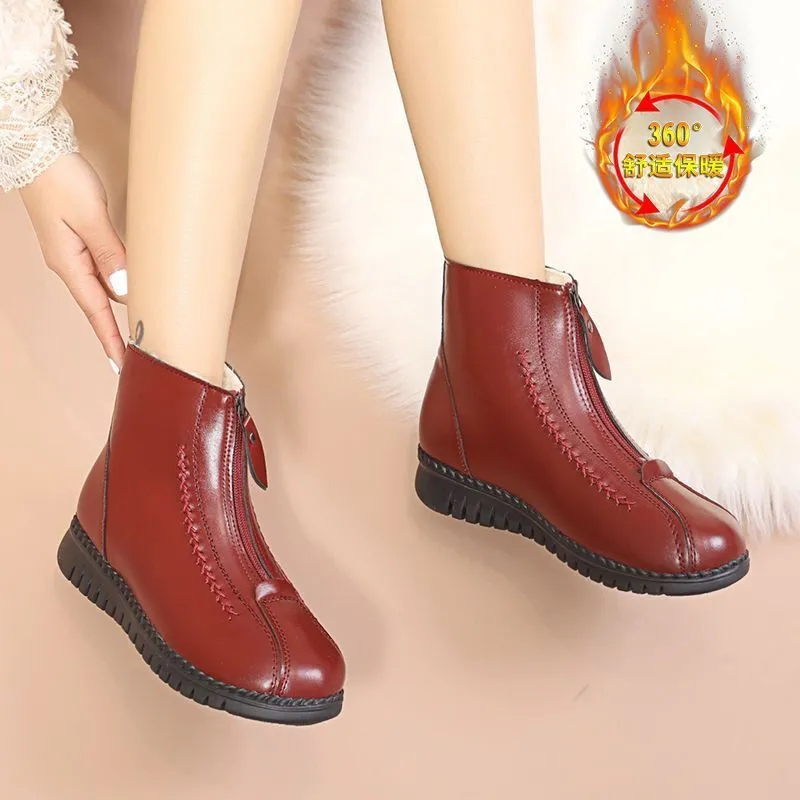 2021 Winter Women&#39;s Boots Fashion Warm Mother&#39;s Boots Flat-Bottom Comfortable Short Bare Boots Creative Front Zipper Closure