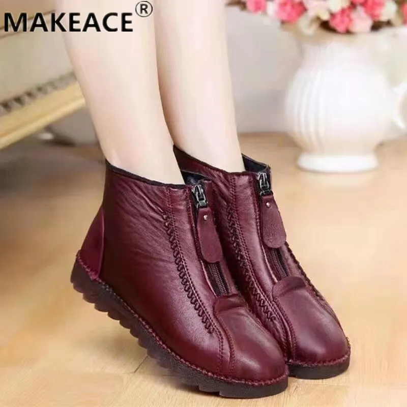 2021 Winter Women&#39;s Boots Fashion Warm Mother&#39;s Boots Flat-Bottom Comfortable Short Bare Boots Creative Front Zipper Closure