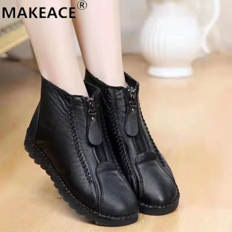 2021 Winter Women&#39;s Boots Fashion Warm Mother&#39;s Boots Flat-Bottom Comfortable Short Bare Boots Creative Front Zipper Closure