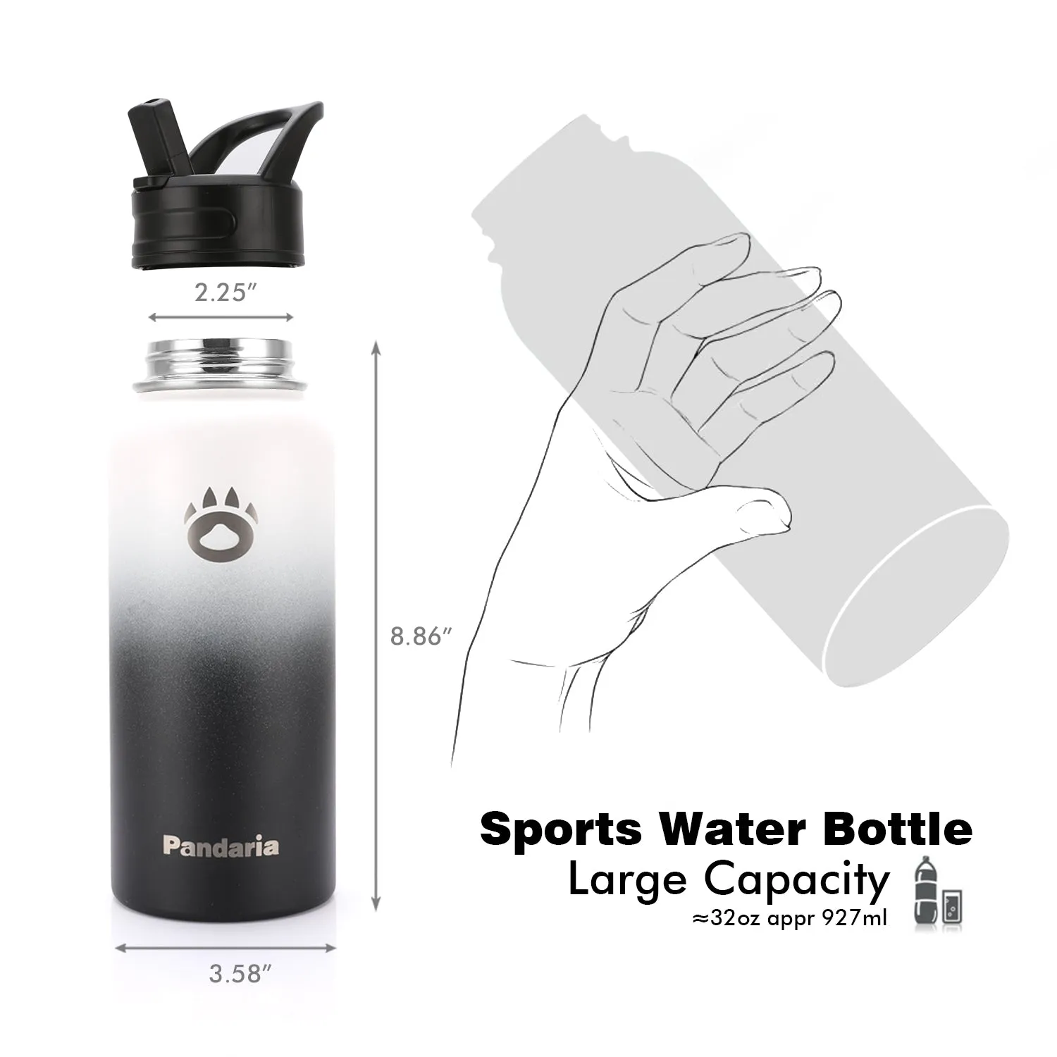 32oz Vacuum Insualed Water Bottle Stainless Steel Sports Canteen with Lids and Straws, Panda