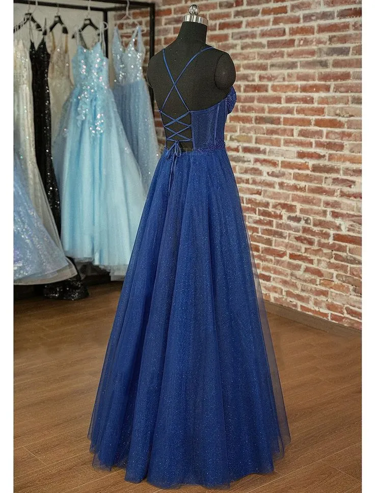 Sparkly A-Line Prom Dress with Appliques & Pleats, Sleeveless, Sweetheart Neckline, Tulle, Backless, Floor-Length - Y6023