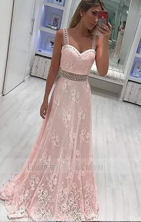 A-Line Scoop Sweep Train Pink Lace Prom Dress with Beading Appliques,BD98642