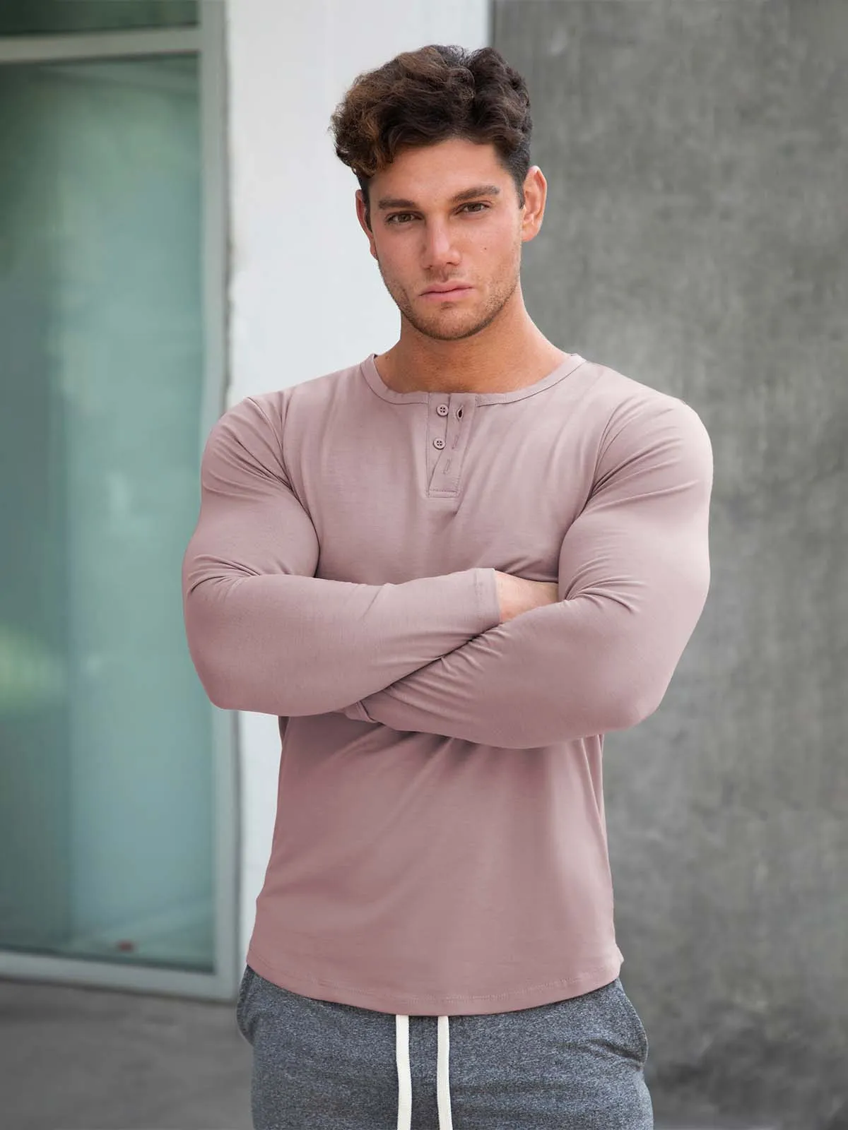 All Day Elite Henley Curve-Hem Long Sleeve