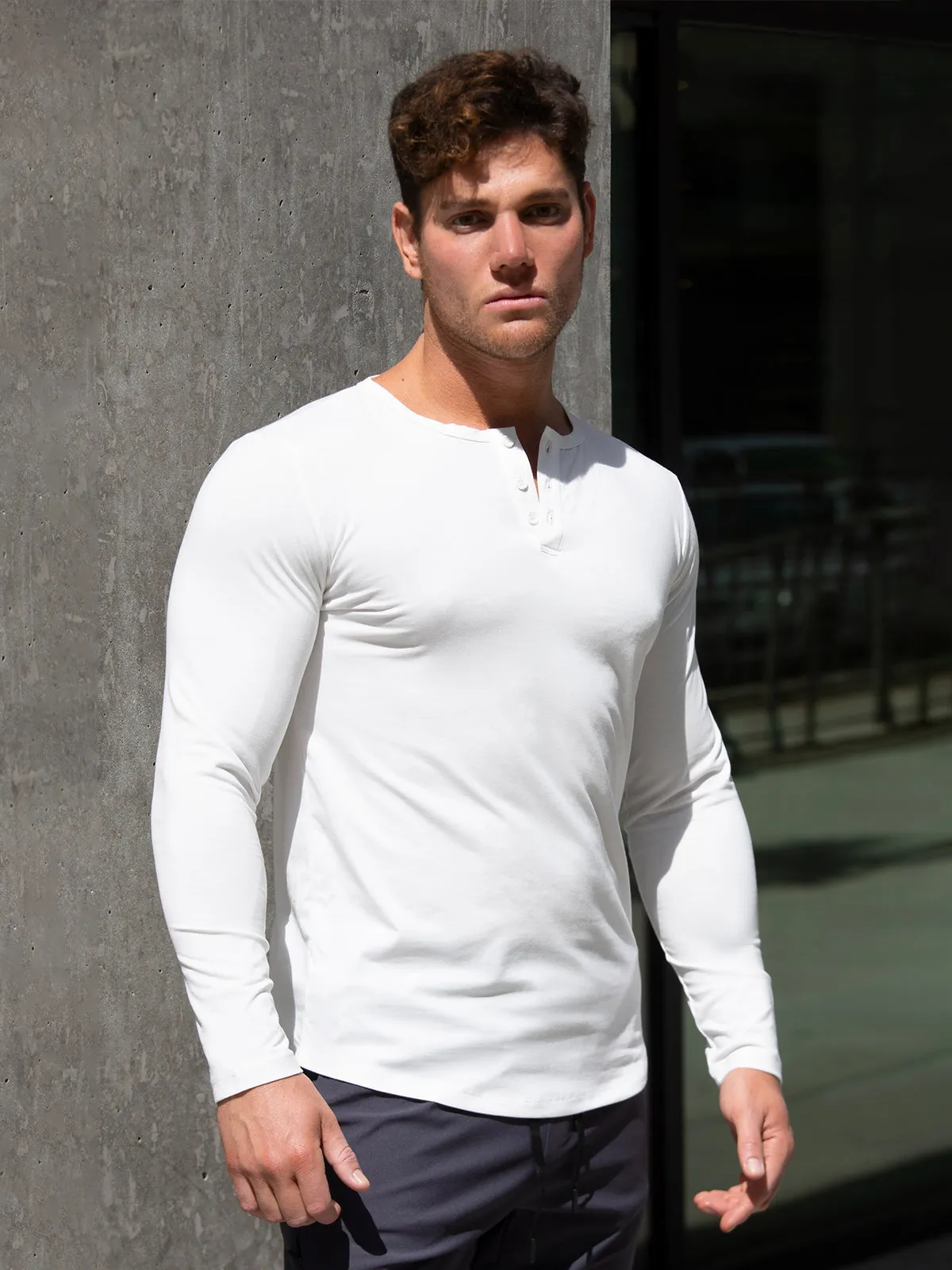 All Day Elite Henley Curve-Hem Stretch Long Sleeve