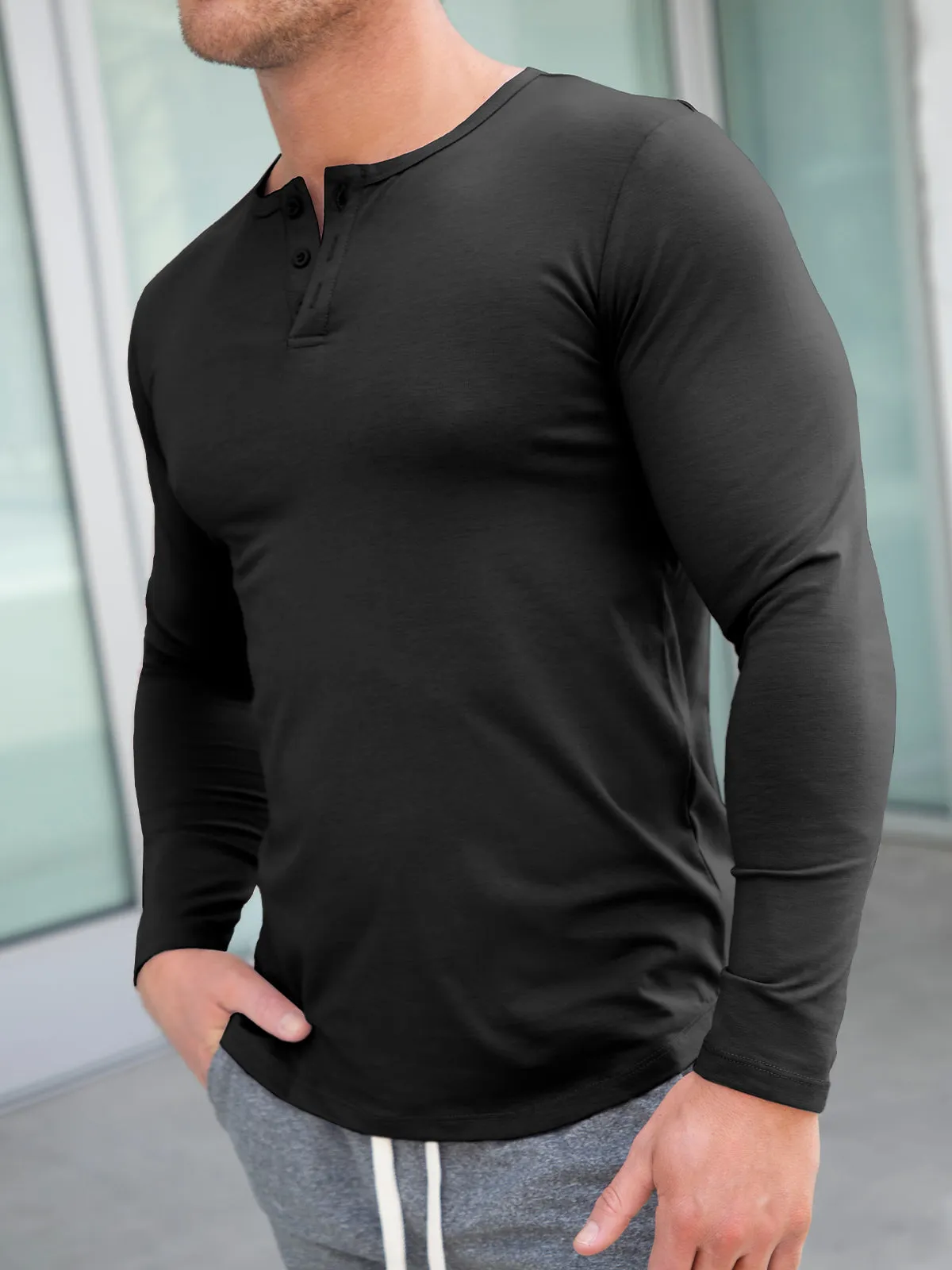 All Day Elite Henley Curve-Hem Stretch Long Sleeve