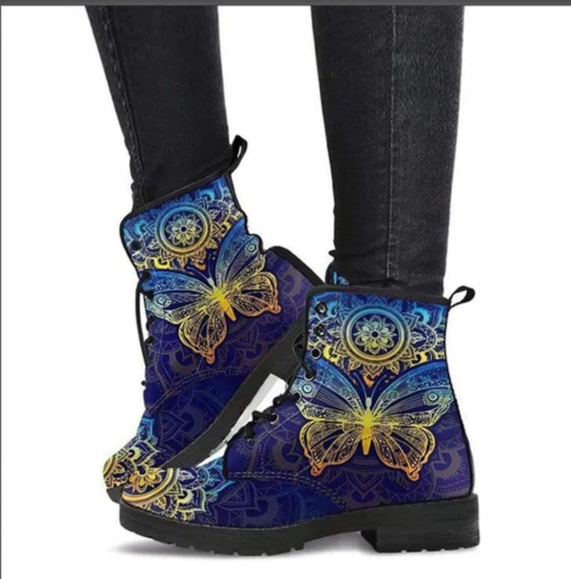 Amozae Skull Flower Print High-Top Boots Women Boot Autumn Winter Fashion Women Tooling Ankle Boots Women Boots Women Botas Mujer