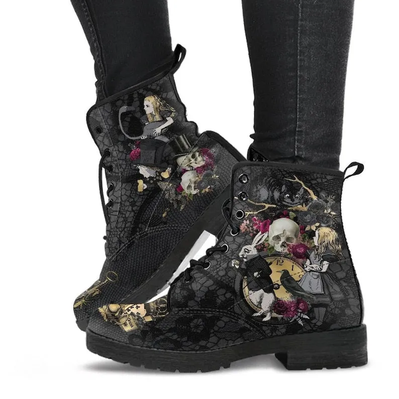 Amozae Skull Flower Print High-Top Boots Women Boot Autumn Winter Fashion Women Tooling Ankle Boots Women Boots Women Botas Mujer