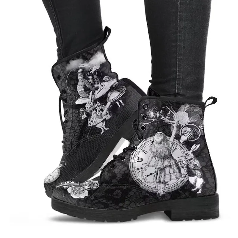 Amozae Skull Flower Print High-Top Boots Women Boot Autumn Winter Fashion Women Tooling Ankle Boots Women Boots Women Botas Mujer