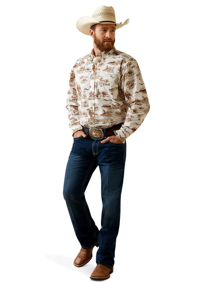 Ariat 10044020 Mens Wrinkle Resist Paniolo Western Aloha Stretch Classic Fit Shirt Sand