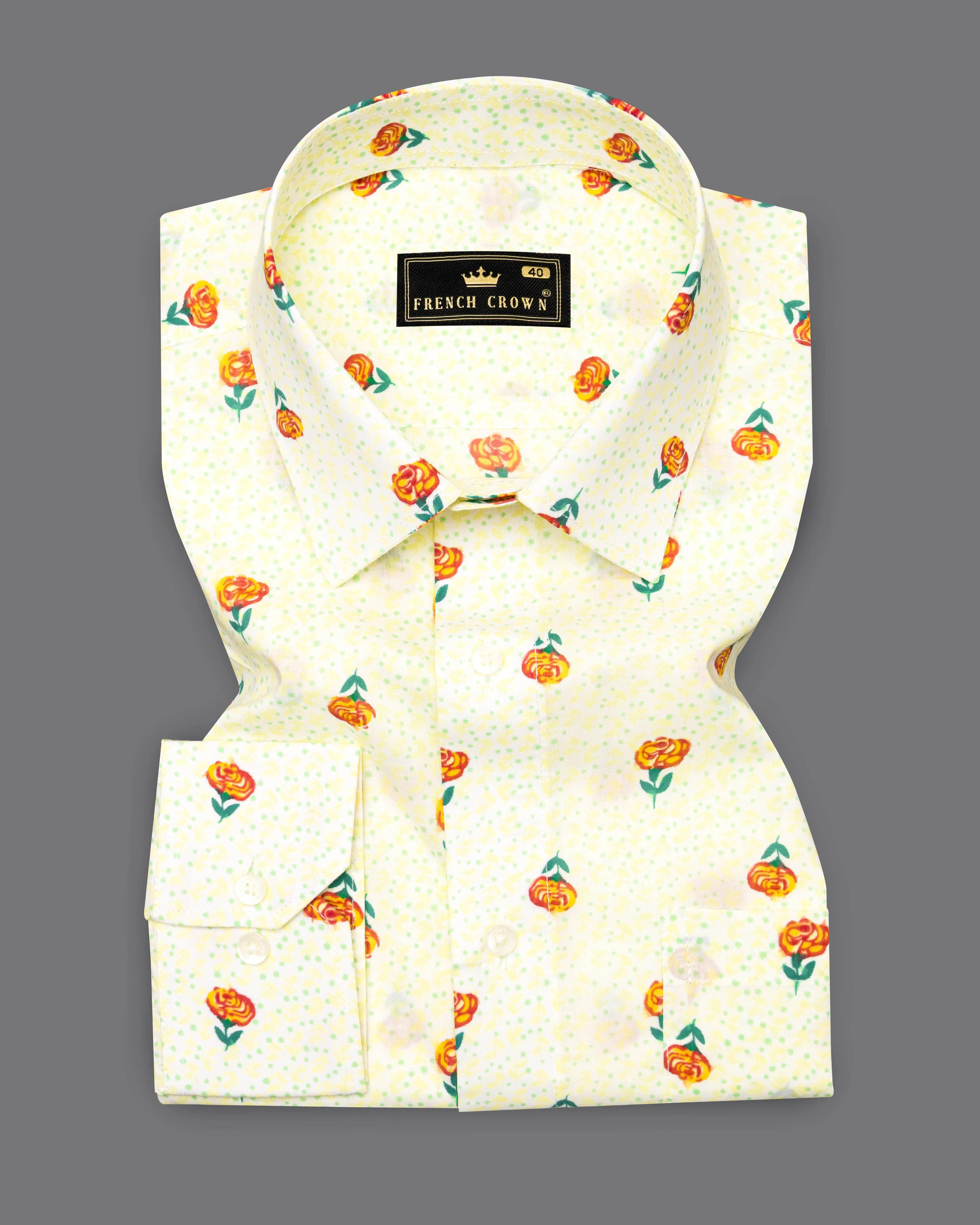 Barley Cream Rose Printed Premium Cotton Shirt