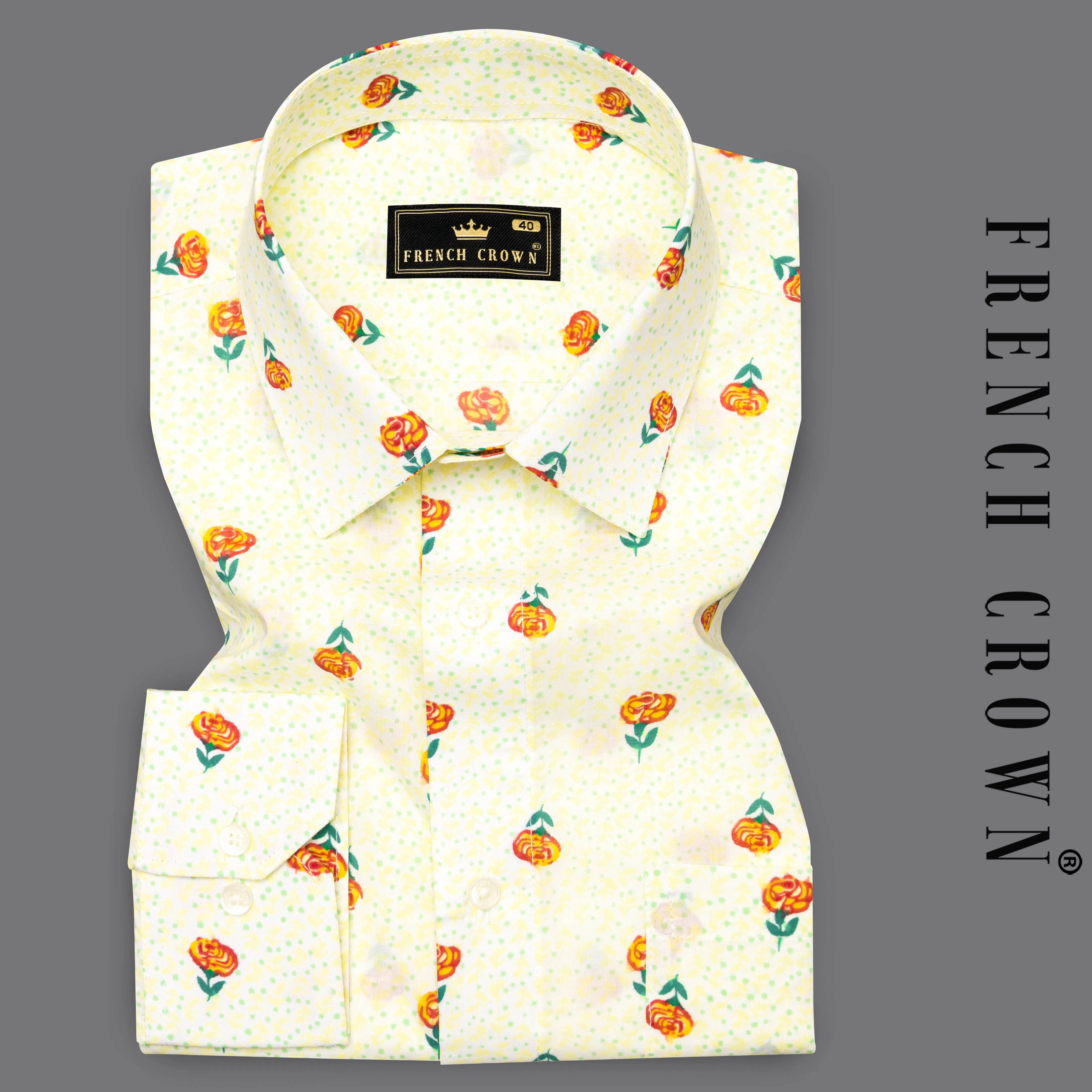 Barley Cream Rose Printed Premium Cotton Shirt