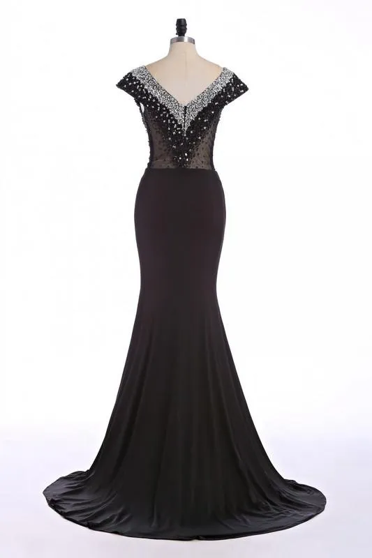 black prom dress, long prom dress, mermaid prom dress, formal prom dress, cap sleeves evening dress, BD130