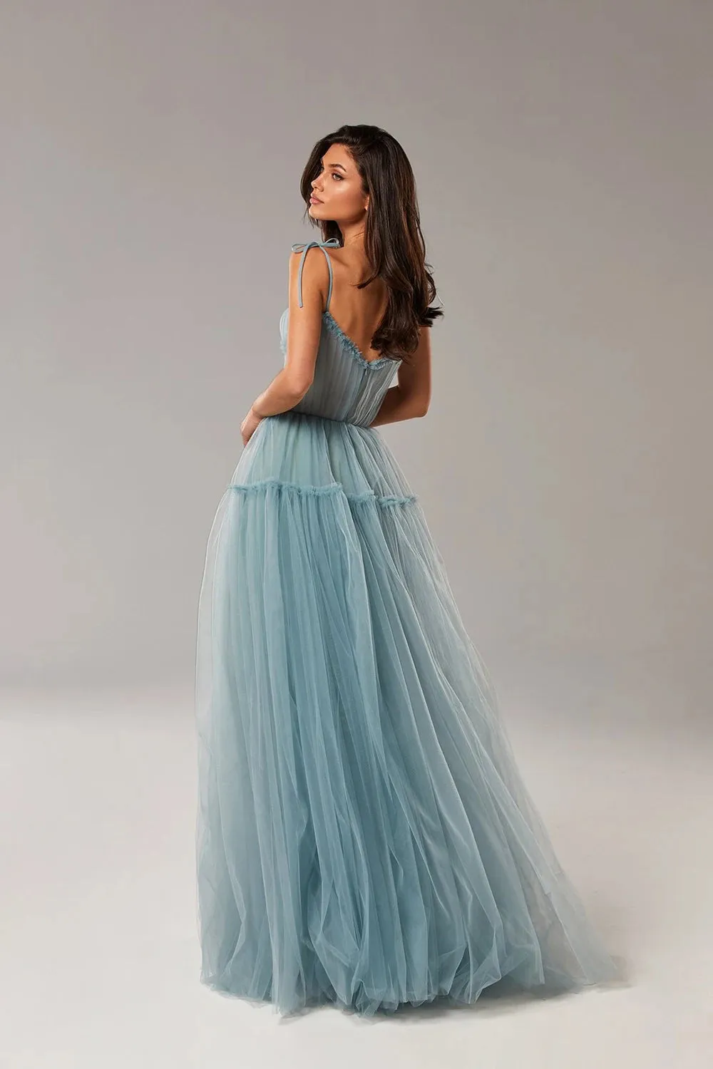 Blush Pink/Blue Long Prom Dresses Spaghetti Straps Tiered Skirt A-Line Party Dresses Pleated Tulle Formal Gowns