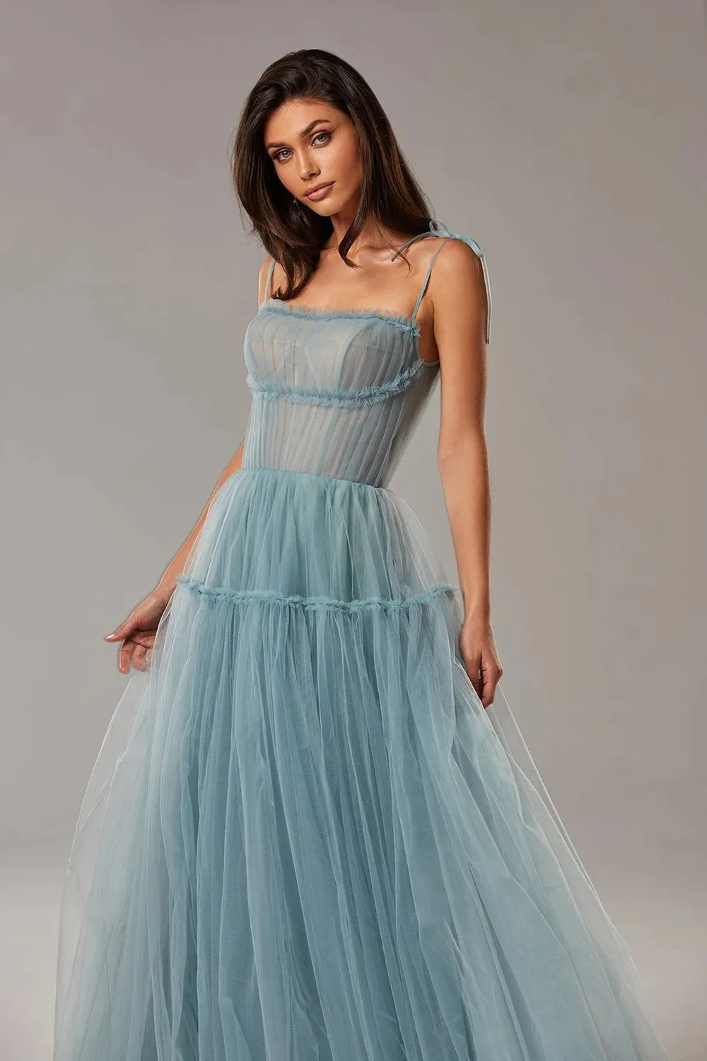 Blush Pink/Blue Long Prom Dresses Spaghetti Straps Tiered Skirt A-Line Party Dresses Pleated Tulle Formal Gowns