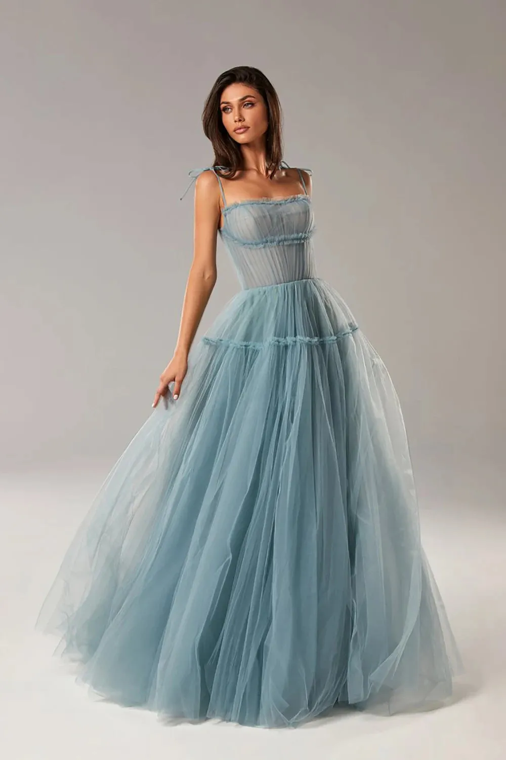 Blush Pink/Blue Long Prom Dresses Spaghetti Straps Tiered Skirt A-Line Party Dresses Pleated Tulle Formal Gowns