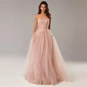 Blush Pink/Blue Long Prom Dresses Spaghetti Straps Tiered Skirt A-Line Party Dresses Pleated Tulle Formal Gowns