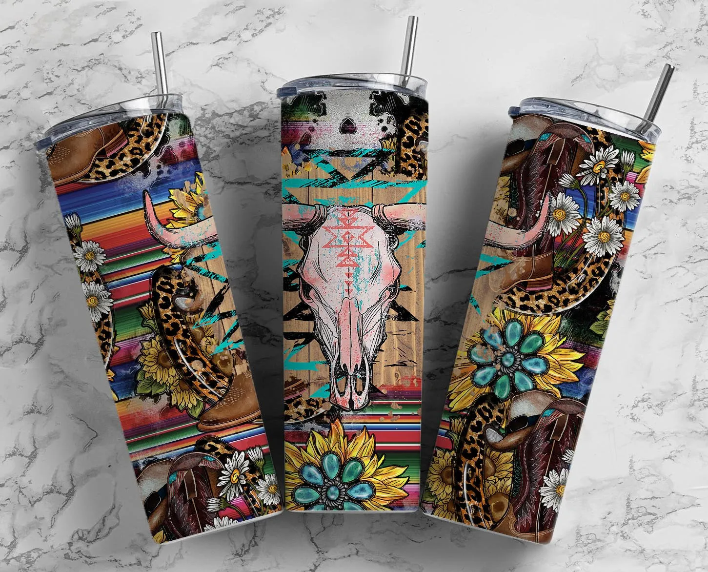 Bull Skull Boots Cowboy Hat 20 oz. Skinny Tumbler bullskullboots