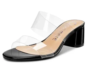 CASTAMERE Womens Chunky Block Mid Heels Sandals Slip On Transparent Ankle Strap Open Toe 5CM Heeled Sandal