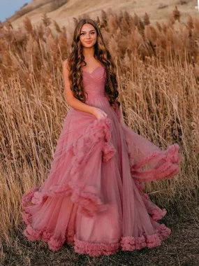 Charming V-neck A-line Tulle Floor-length Long Prom Dresses,SFPD0122