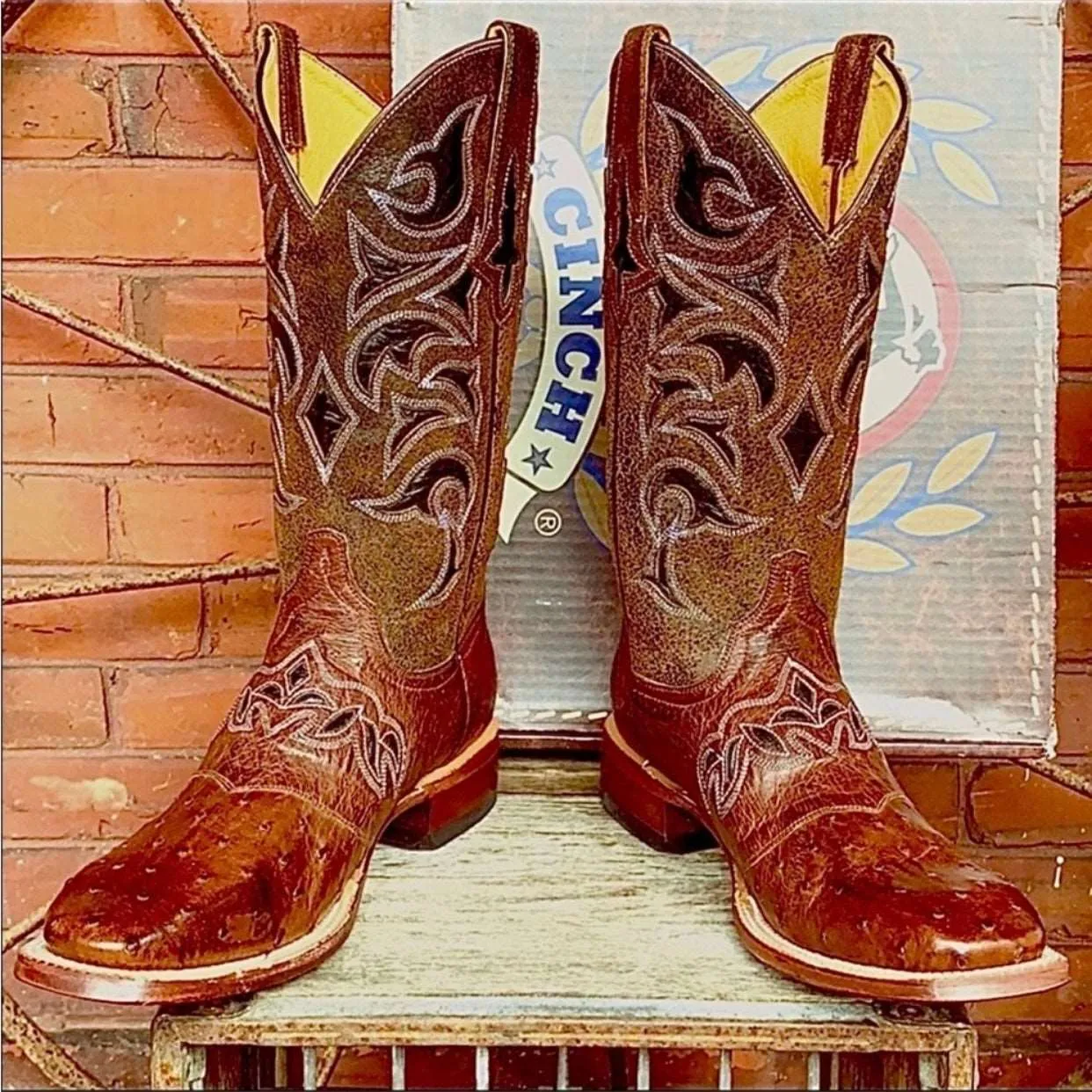 CINCH Full Quill Ostrich Leather Square Toe Cowgirl Cowboy Western Boots