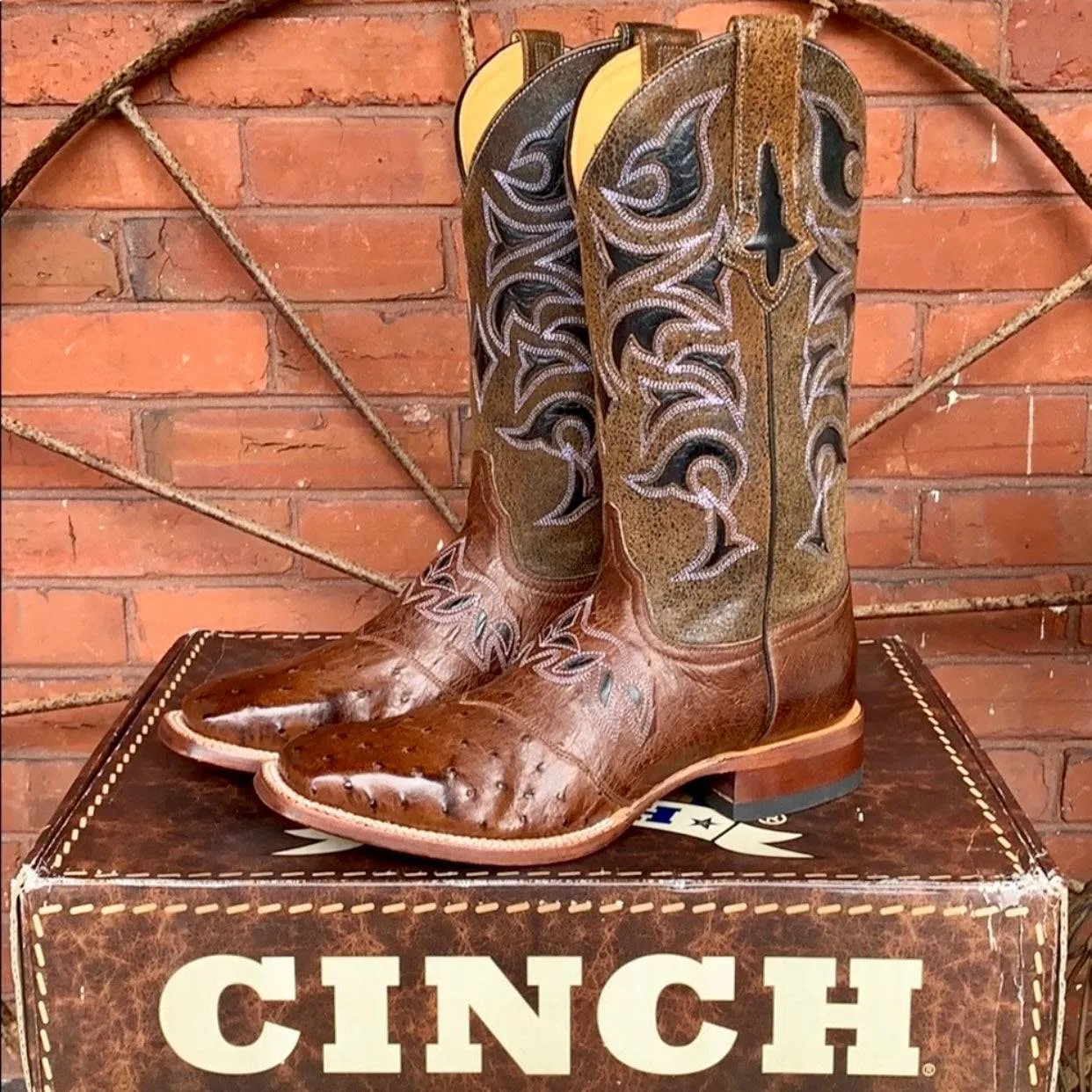 CINCH Full Quill Ostrich Leather Square Toe Cowgirl Cowboy Western Boots