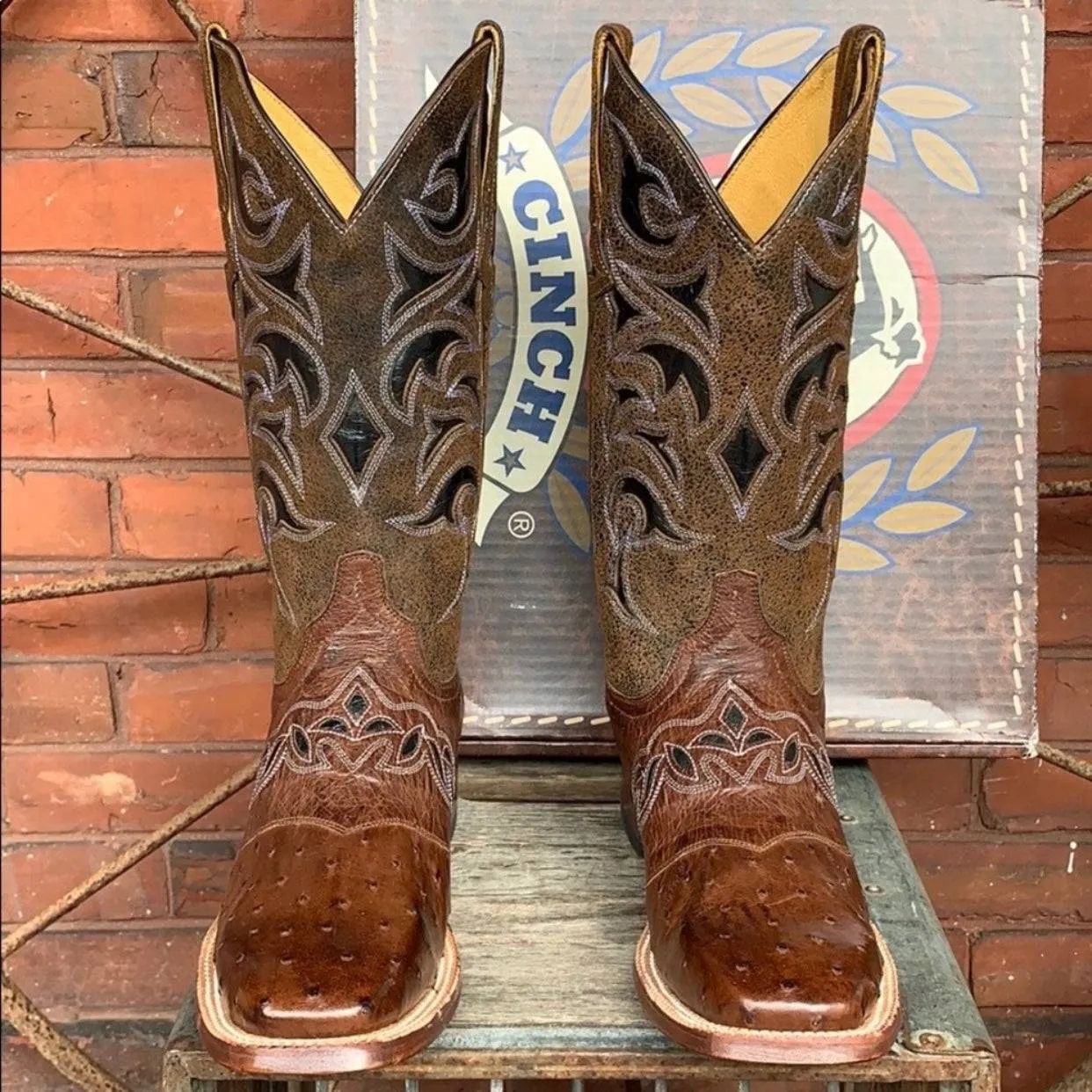 CINCH Full Quill Ostrich Leather Square Toe Cowgirl Cowboy Western Boots