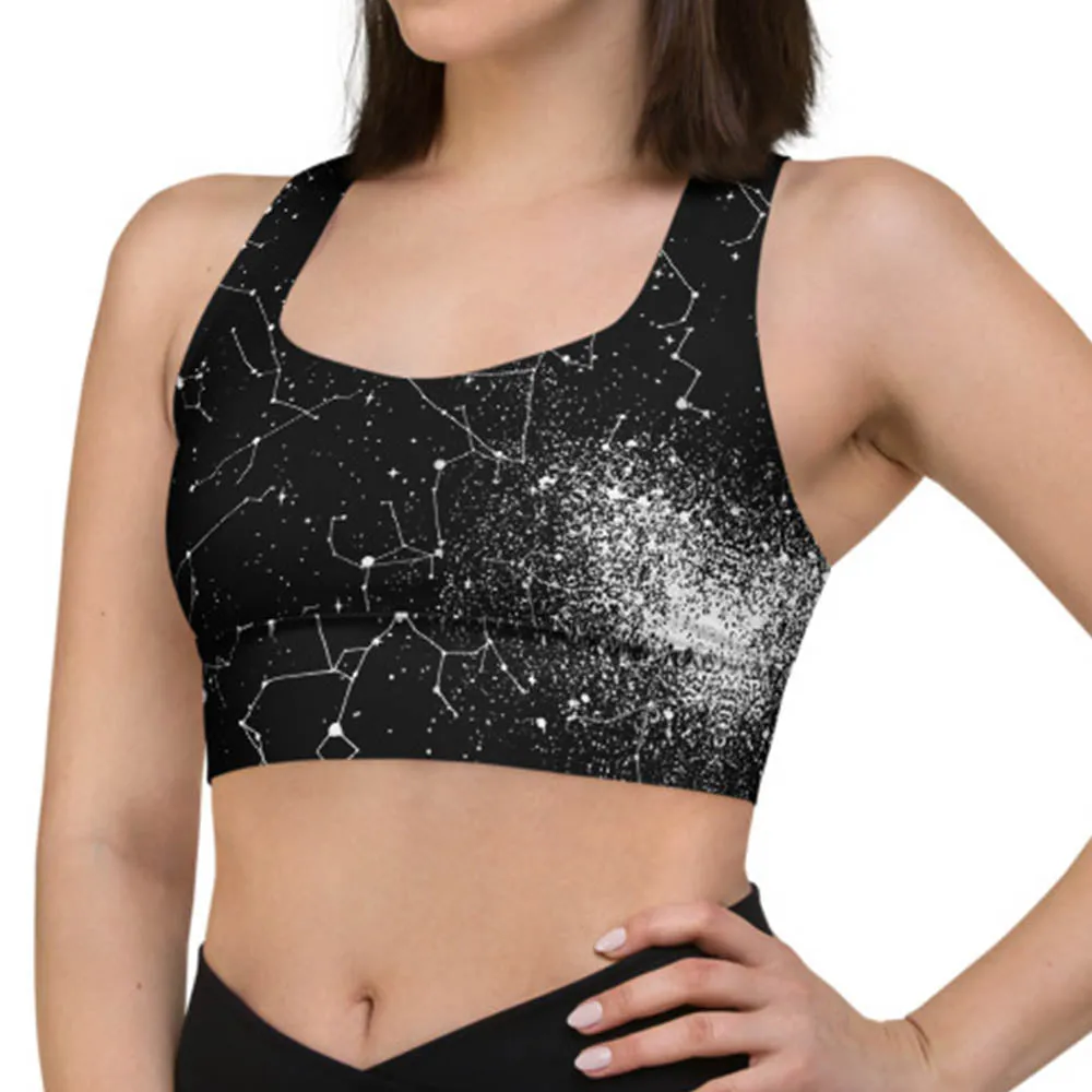 Constellation Longline Sports Bra - High Support Non-see-through Vegan Bra with Removable Padding, Goth Activewear for Gym & Yoga with UPF 50 