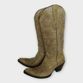 Corral Beige Leather Studded Cowboy Boots