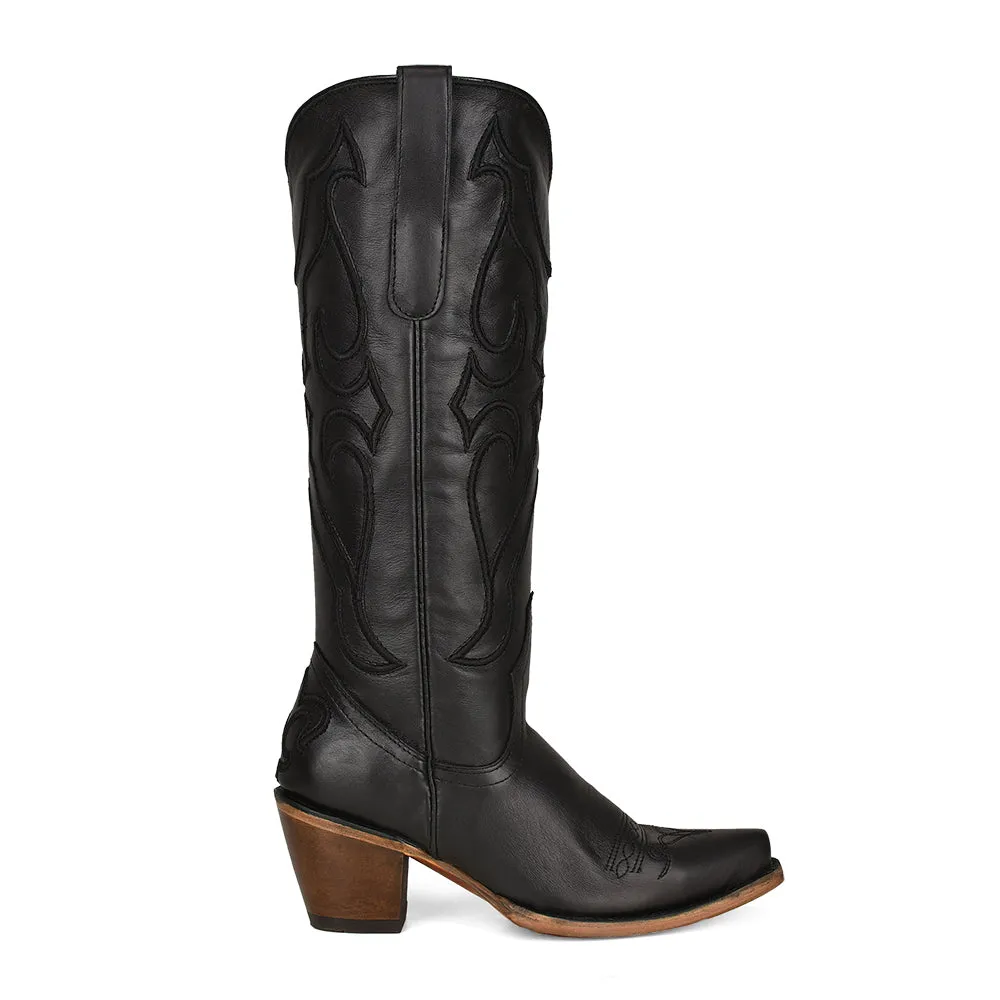 Corral Women's 15" Black Tall Top Matching Stitch Pattern & Inlay Snip Toe Western Boot