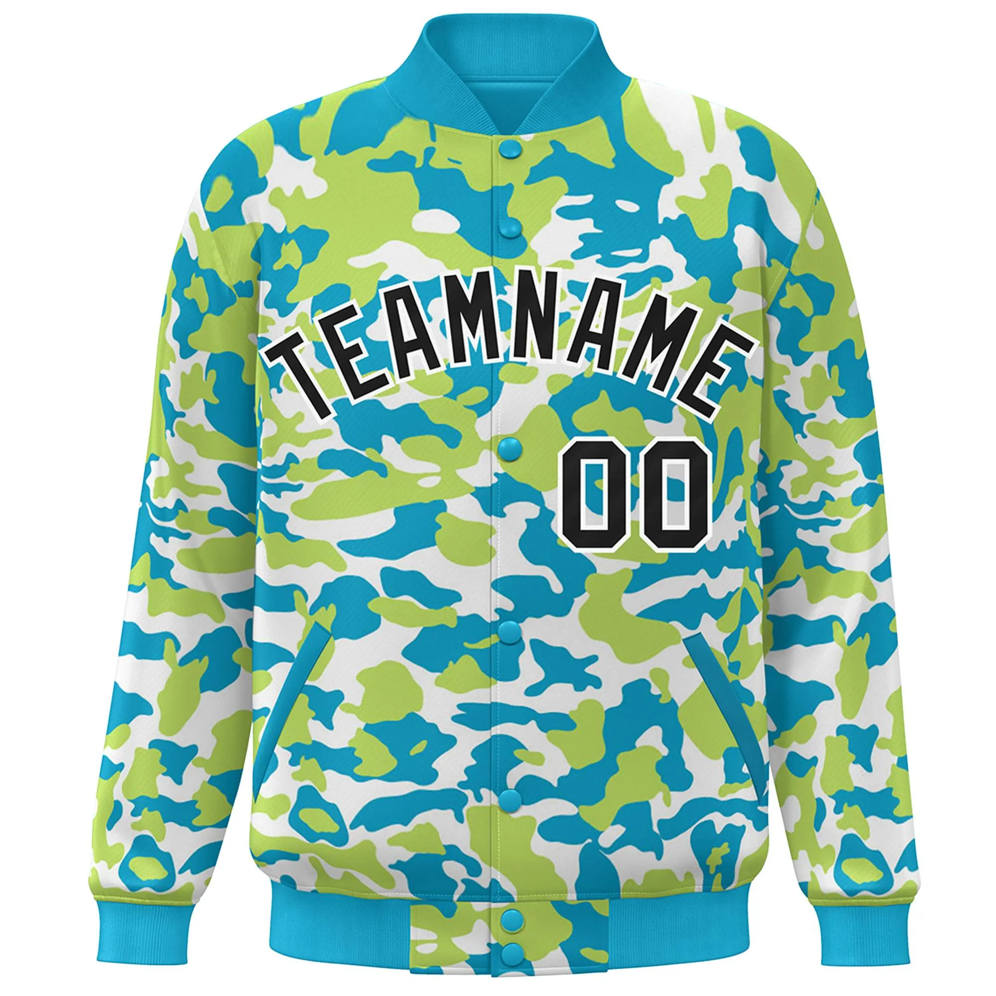 Custom Aqua Black-White Camo Varsity Full-Snap Letterman Bomber Jacket