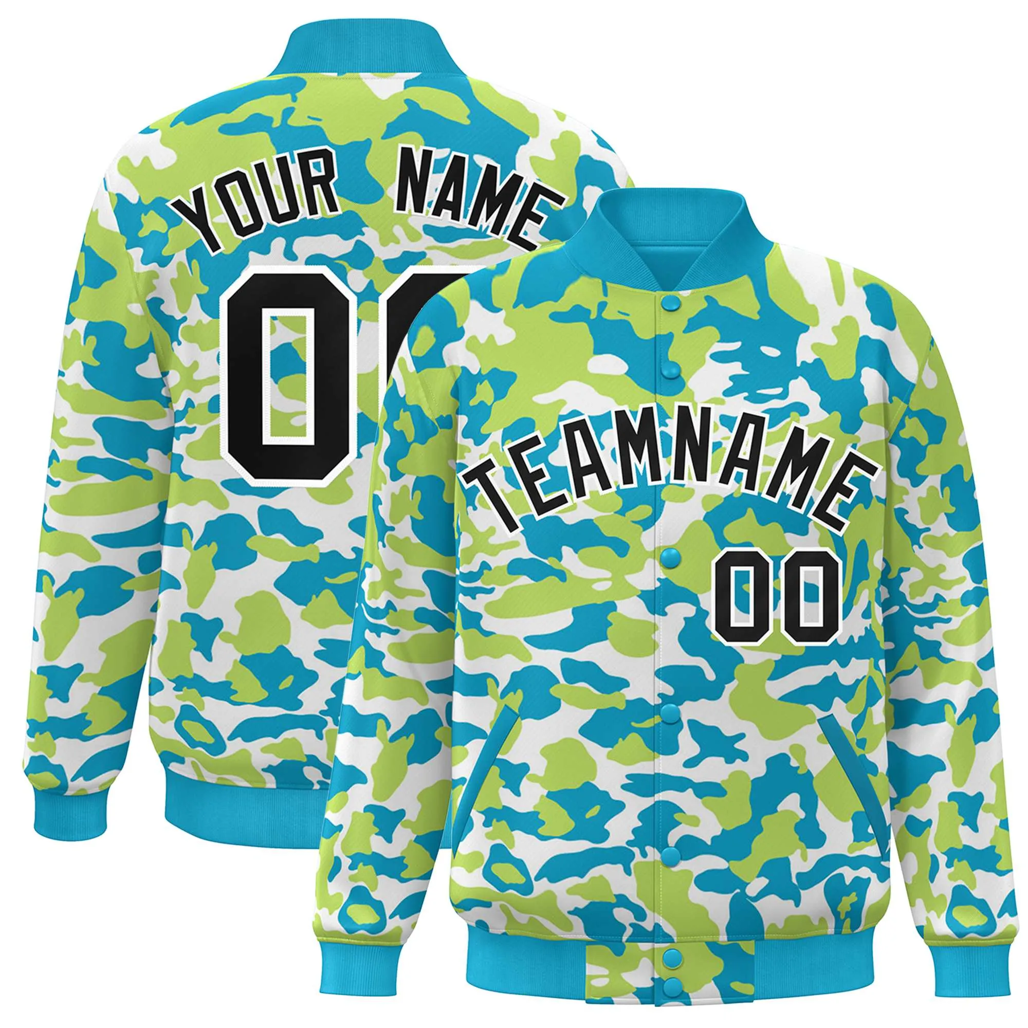 Custom Aqua Black-White Camo Varsity Full-Snap Letterman Bomber Jacket