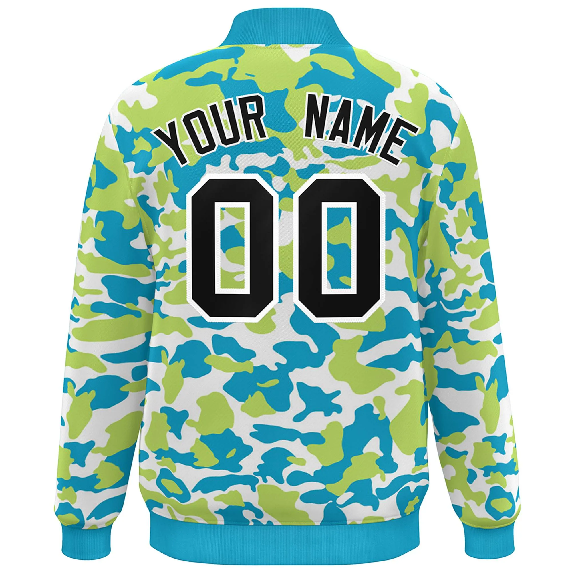 Custom Aqua Black-White Camo Varsity Full-Snap Letterman Bomber Jacket