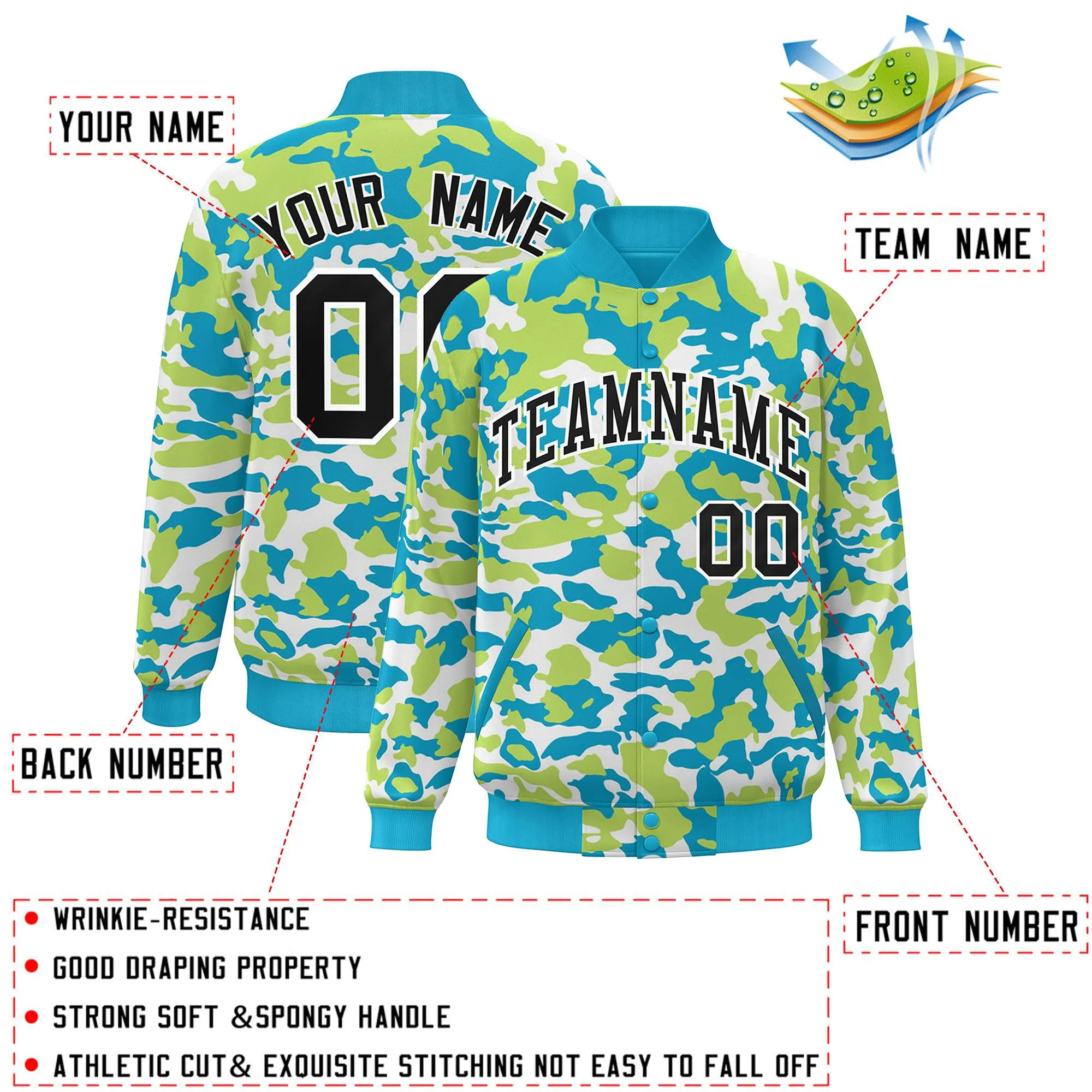 Custom Aqua Black-White Camo Varsity Full-Snap Letterman Bomber Jacket