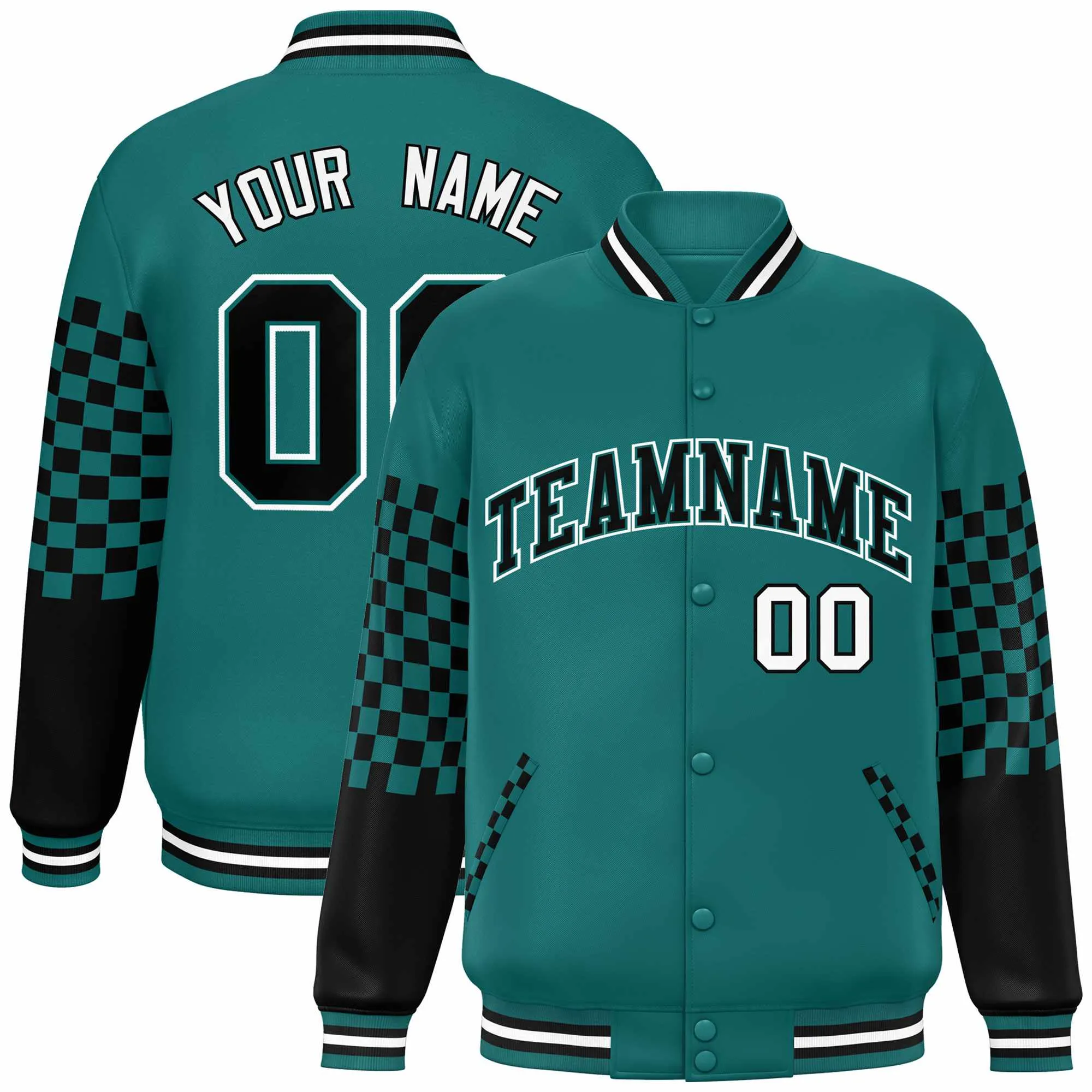 Custom Aqua Black-White Checkered Pattern Color Block Bomber Varsity Jacket