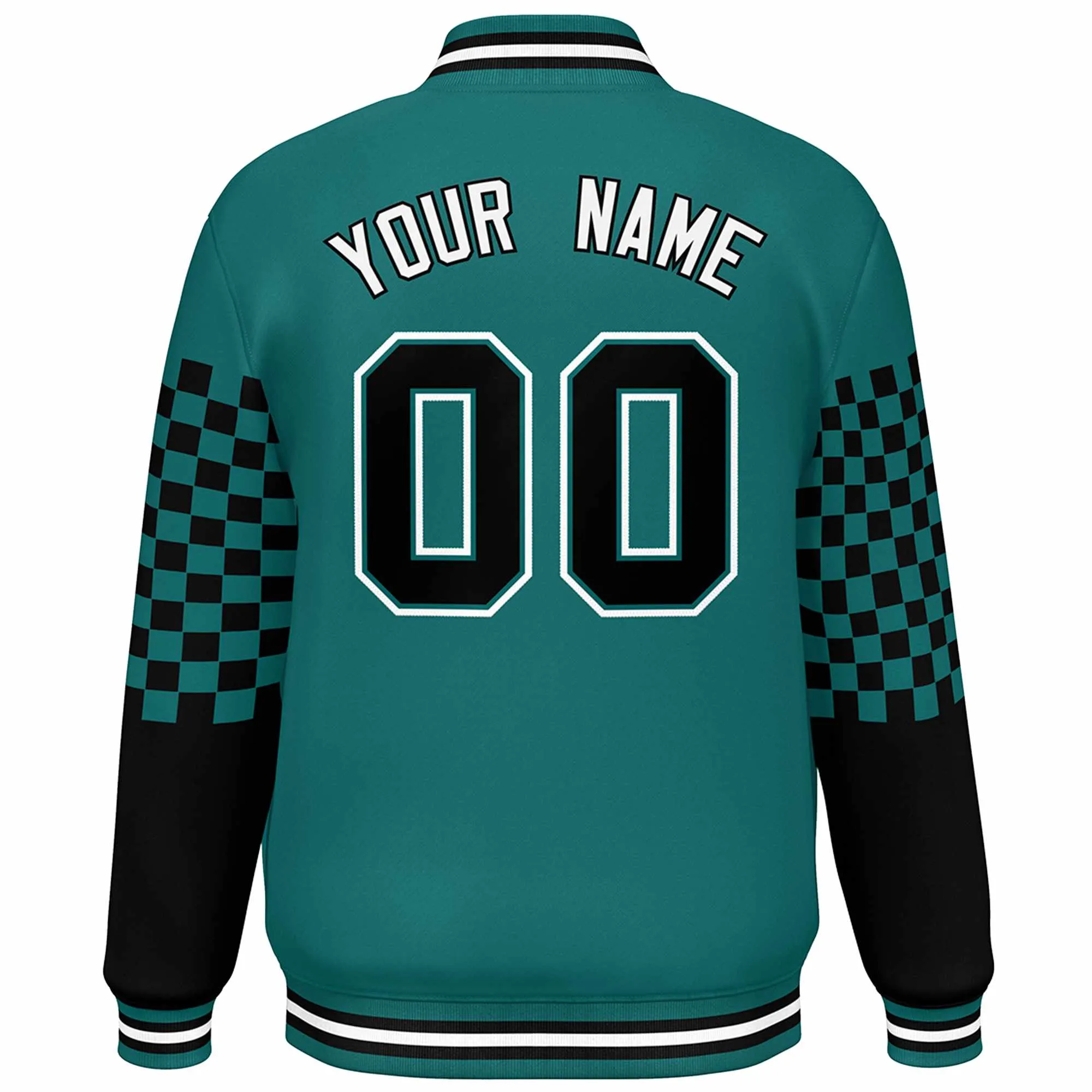 Custom Aqua Black-White Checkered Pattern Color Block Bomber Varsity Jacket