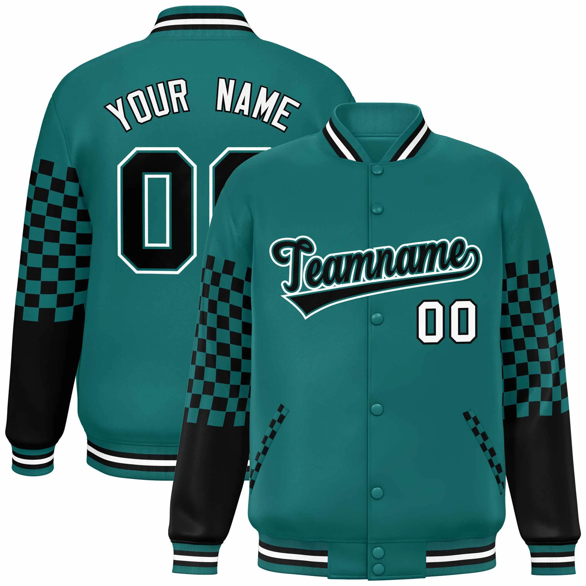 Custom Aqua Black-White Checkered Pattern Color Block Bomber Varsity Jacket